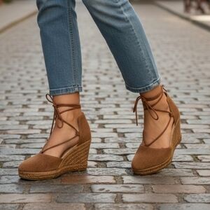 Eric Michael Sam Wedge Espadrilles Brown Suede Lace Up Women’s Size 39(US 8.5–9)